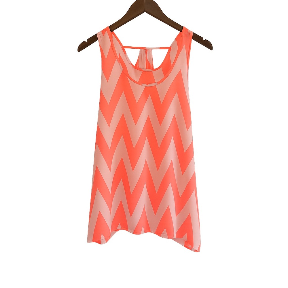 Chevron Pattern Sleeveless Top - Coral and White